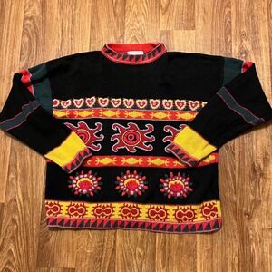 Vintage Knit Sweater Women Medium Black Red Yellow Tribal Pattern Long Sleeve